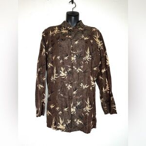 Silkland Women’s Chinese Silk Blouse Size 1X Brown Floral Frog Buttons Vintage